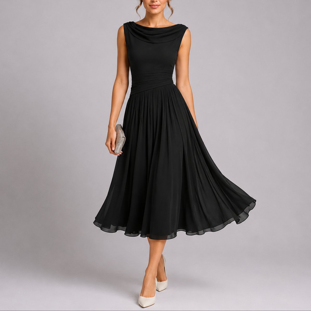 Women's Sleeveless Cowl-Neck Pleated Chiffon Midi Dress - Black