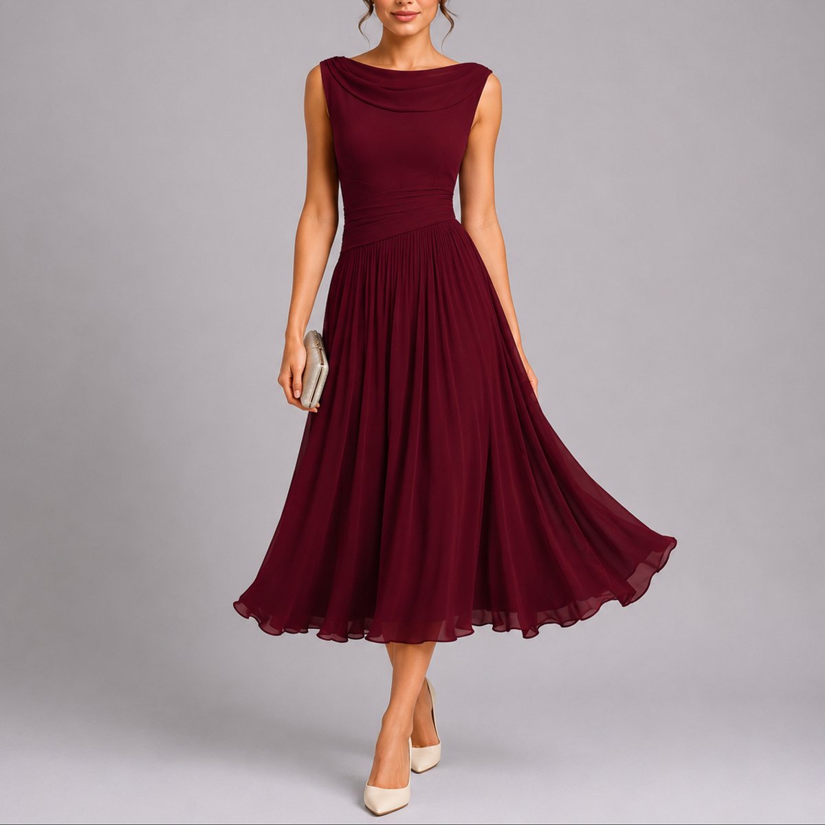 Women's Sleeveless Cowl-Neck Pleated Chiffon Midi Dress - Red