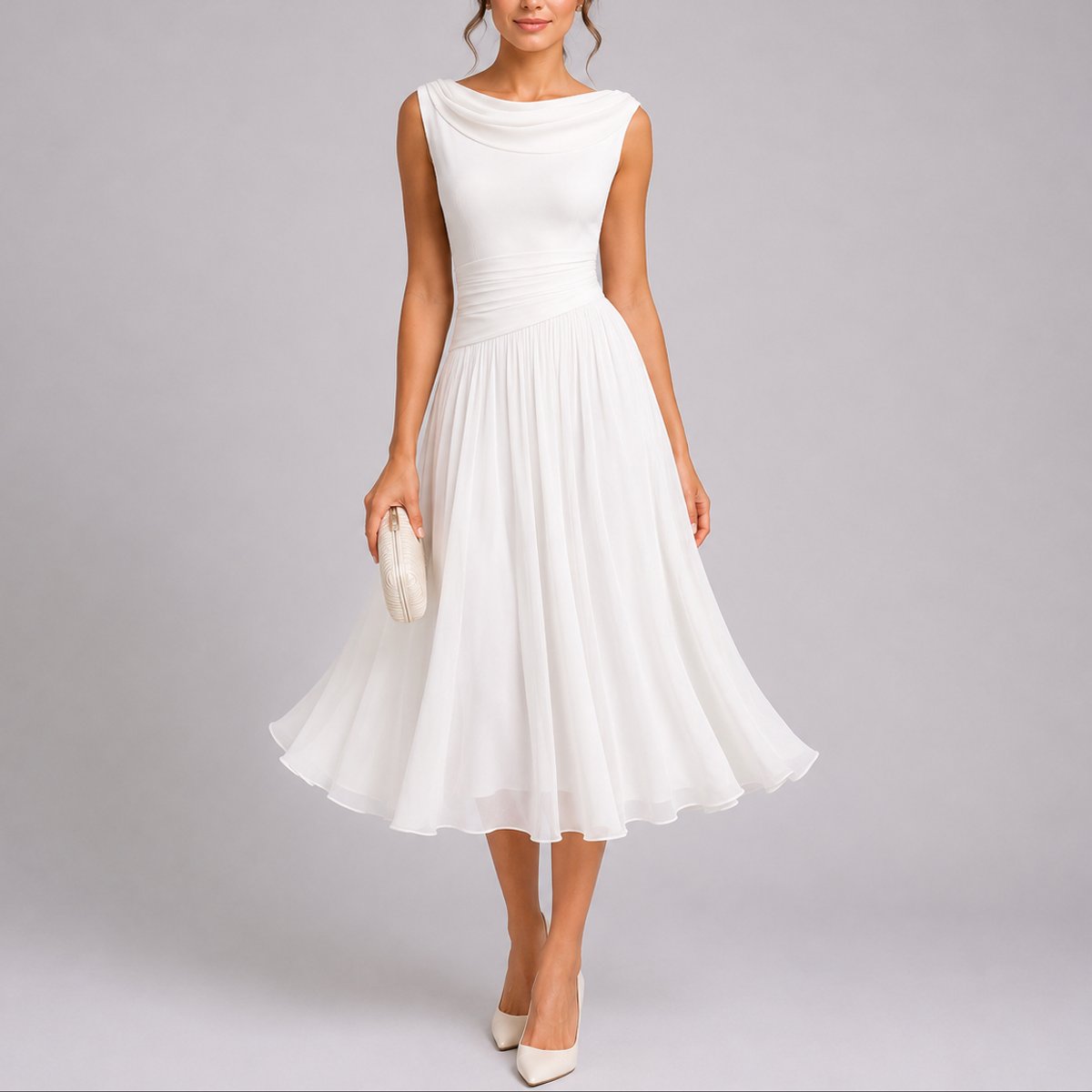 Women's Sleeveless Cowl-Neck Pleated Chiffon Midi Dress - White