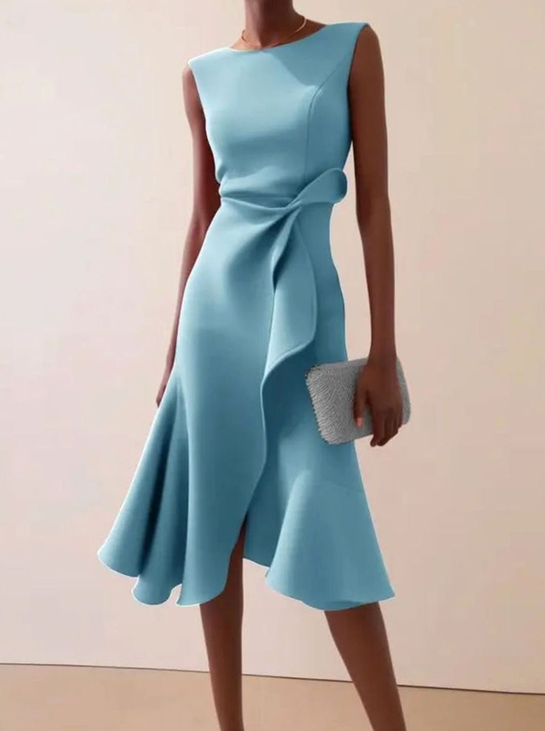 Women's Sleeveless Draped Asymmetric-Hem Midi Dress - Light Blue
