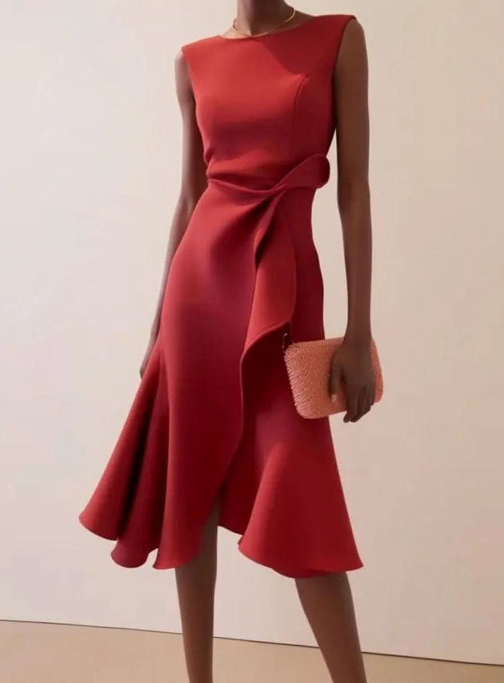 Women's Sleeveless Draped Asymmetric-Hem Midi Dress - Red