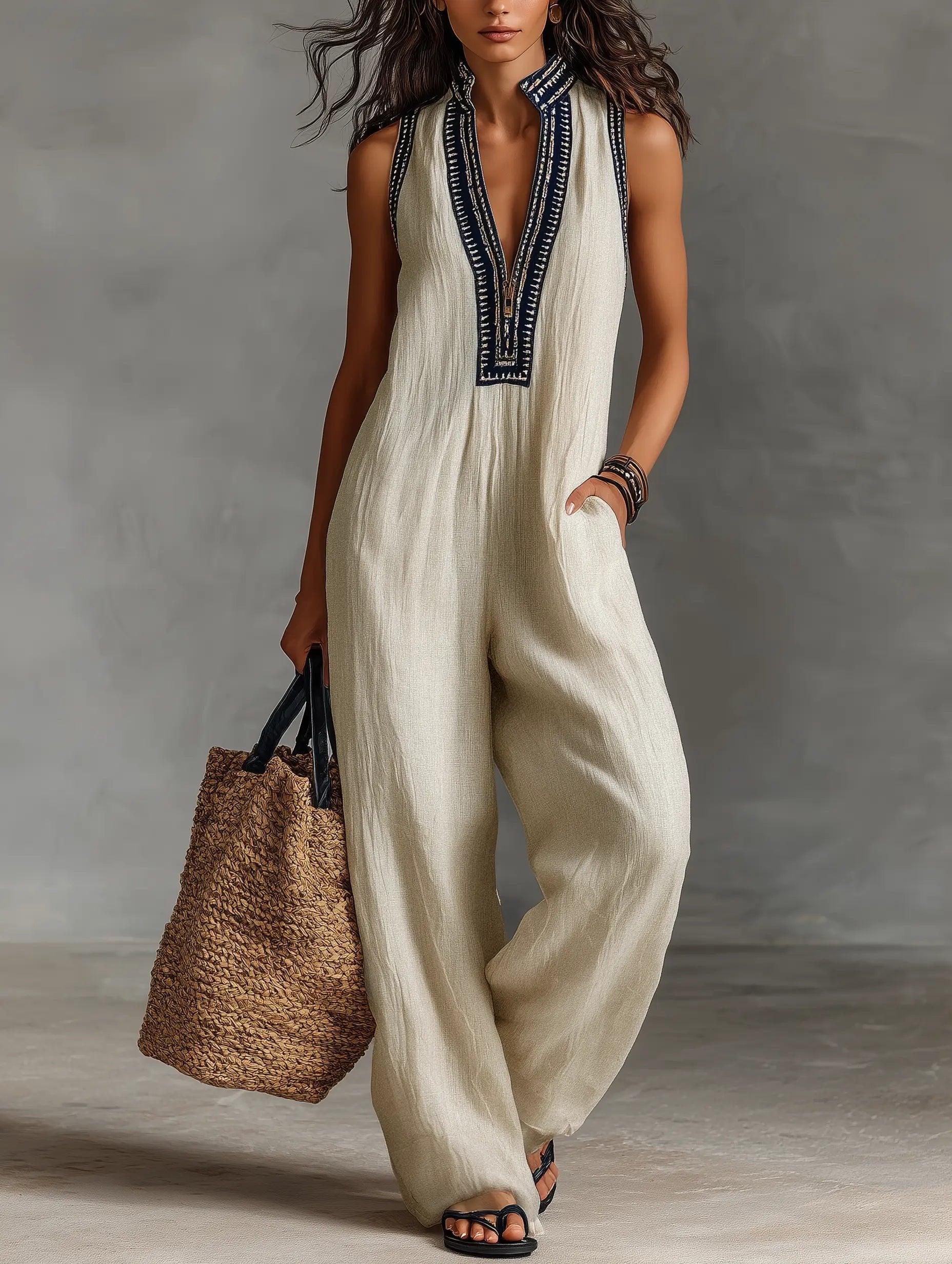 Women's Sleeveless Embroidered Linen-Blend Wide-Leg Jumpsuit - Photo Color