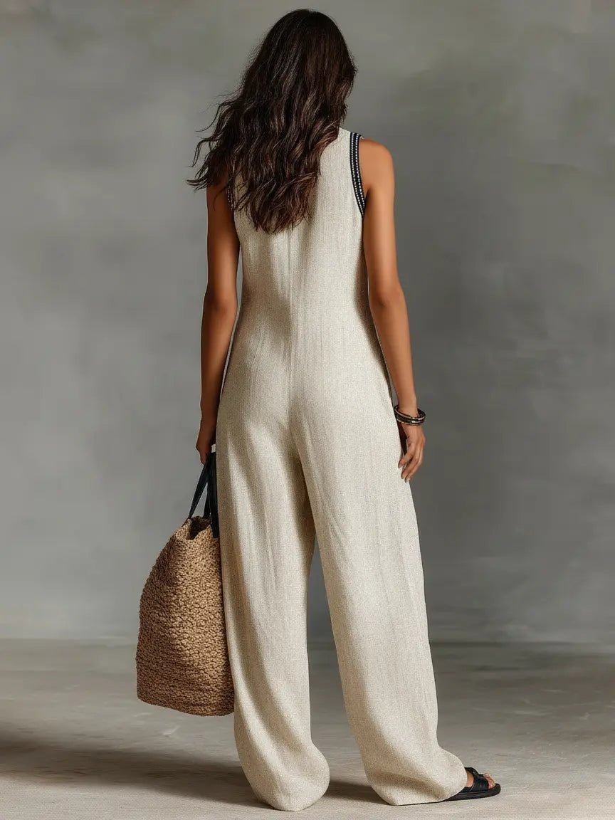 Women's Sleeveless Embroidered Linen-Blend Wide-Leg Jumpsuit