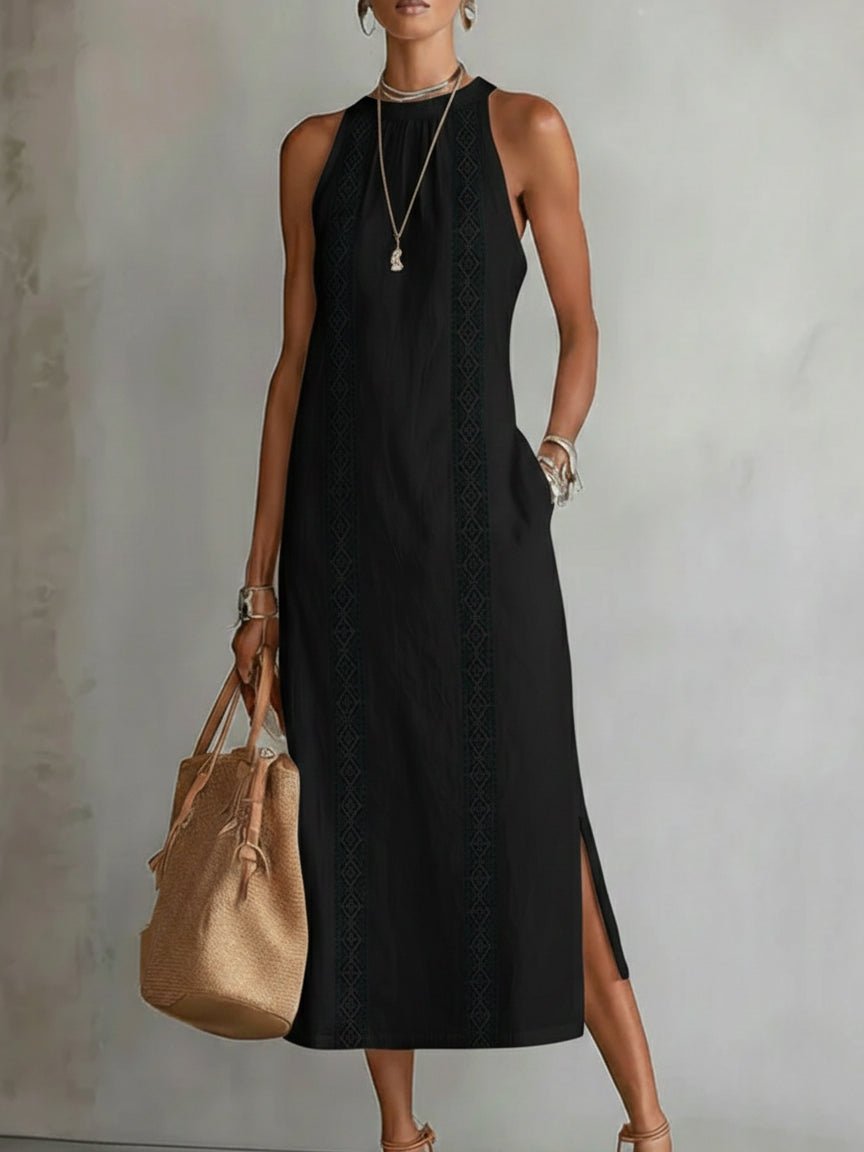 Women's Sleeveless Embroidered Round-Neck Midi Dress - Black