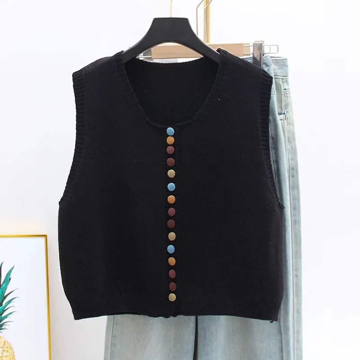 Women's Sleeveless Knit Button-Front Vest Cardigan - Black