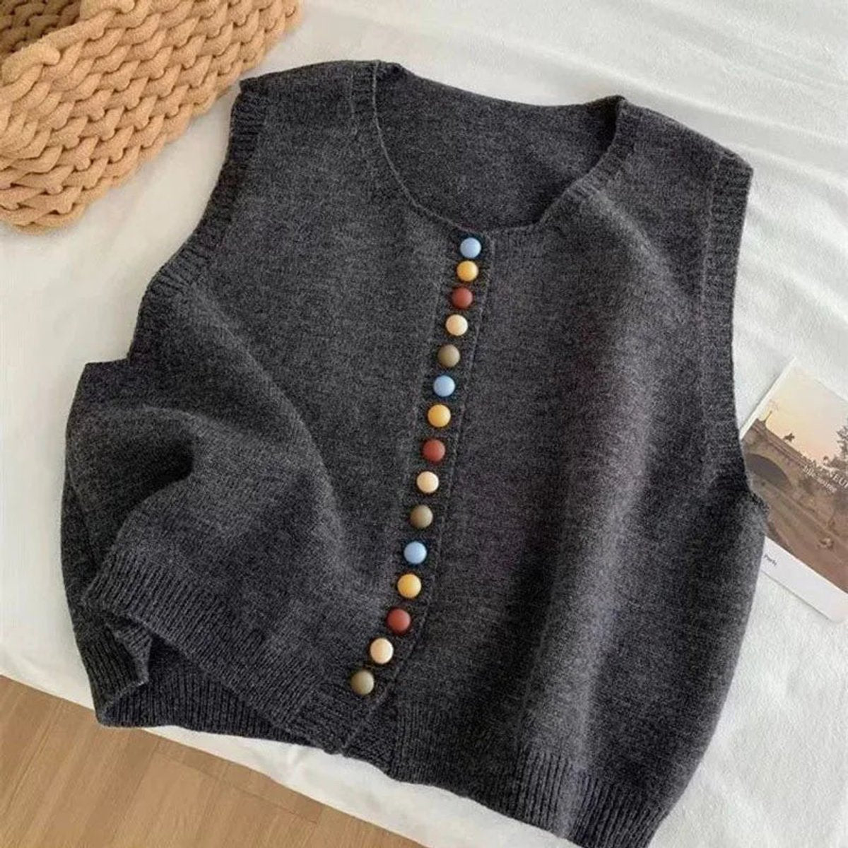 Women's Sleeveless Knit Button-Front Vest Cardigan - Grey