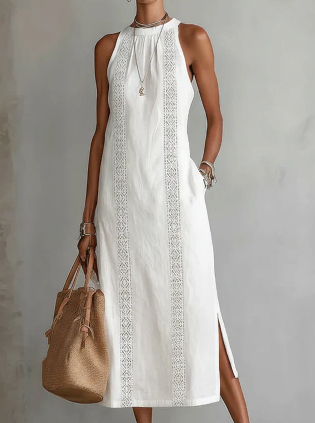 Women's Sleeveless Lace-Insert Midi Sundress with Side Slits - White