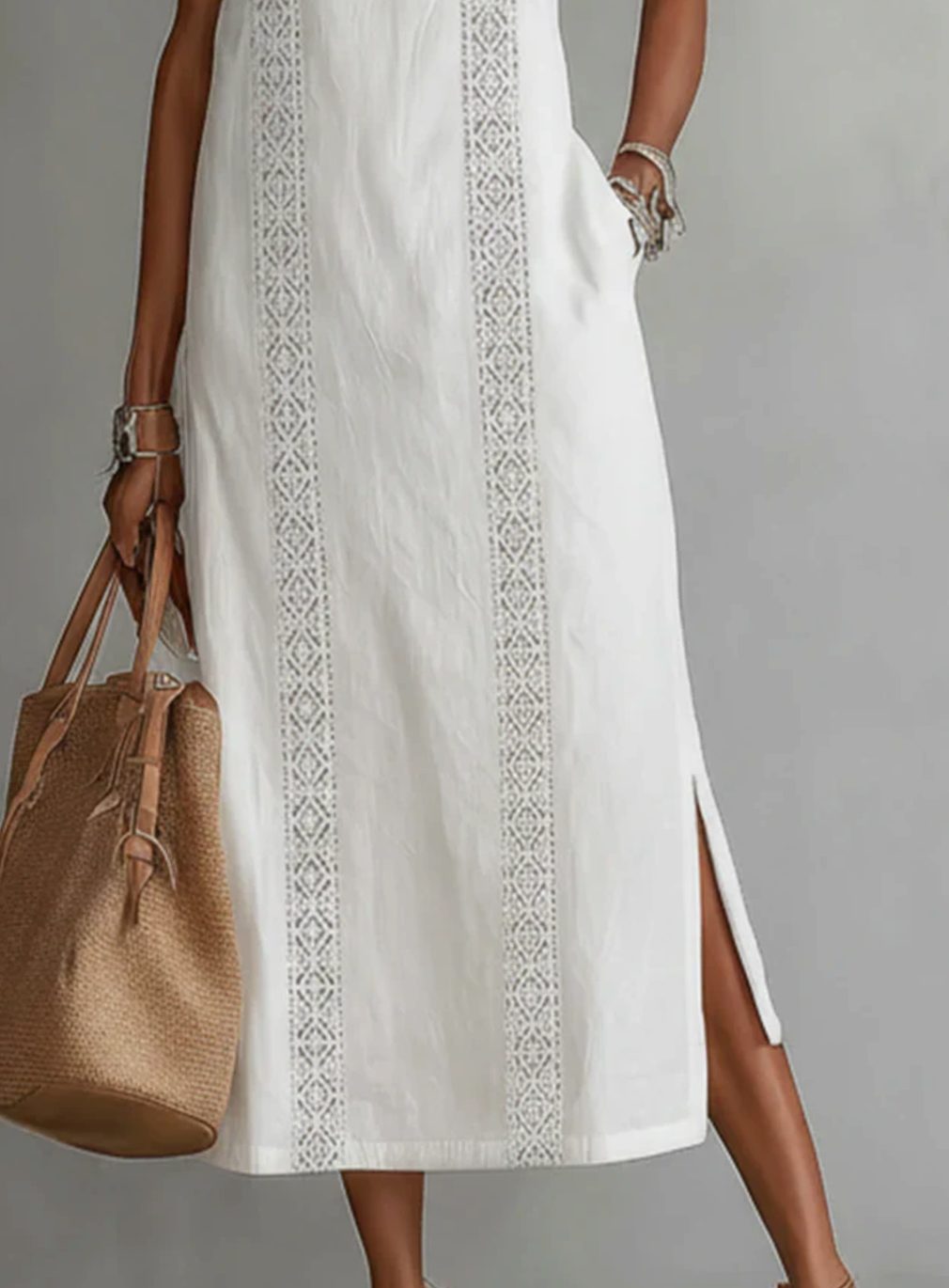Women's Sleeveless Lace-Insert Midi Sundress with Side Slits
