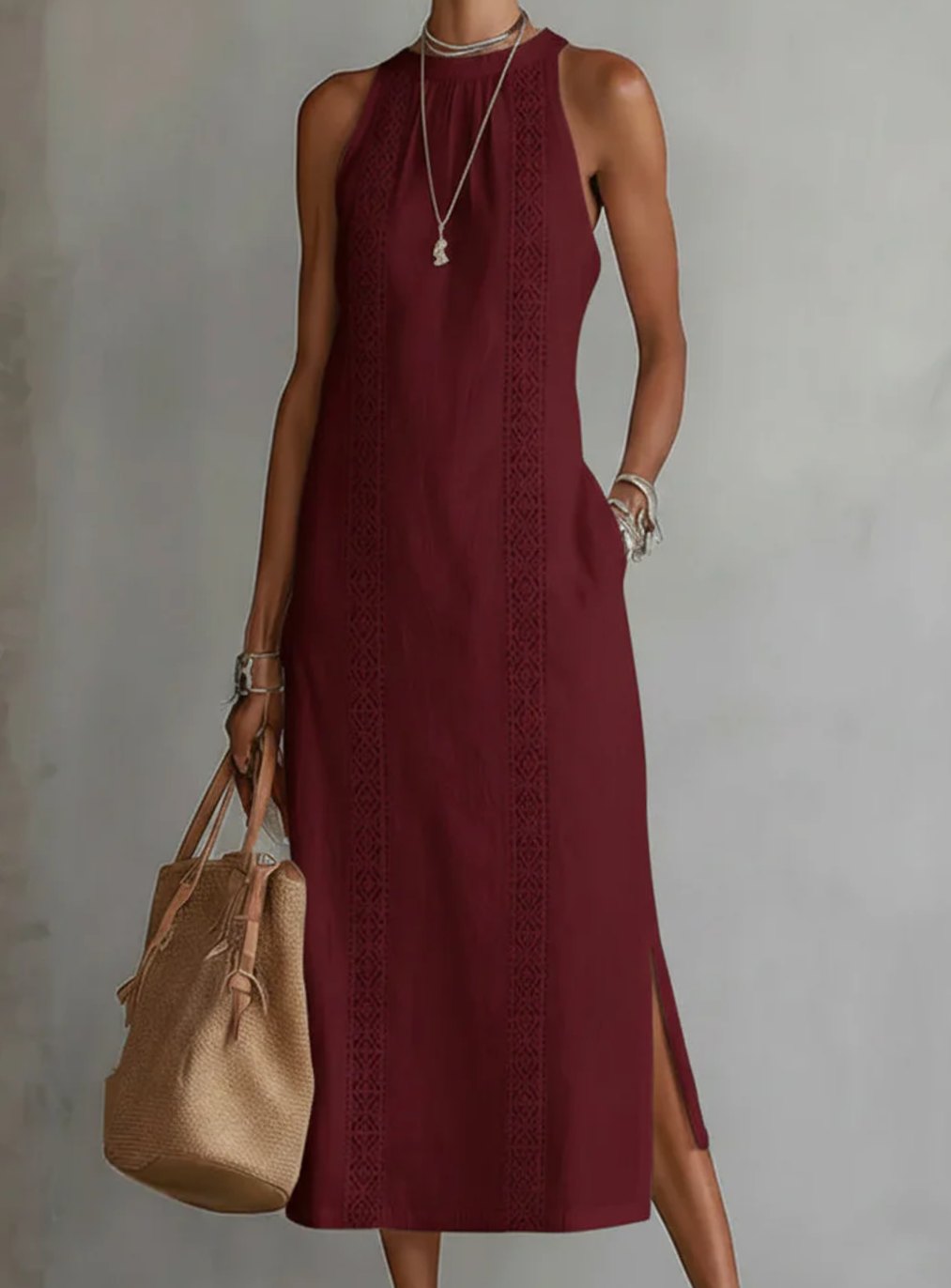 Women's Sleeveless Lace-Insert Midi Sundress with Side Slits - Red