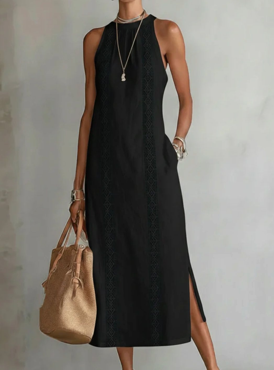 Women's Sleeveless Lace-Insert Midi Sundress with Side Slits - Black