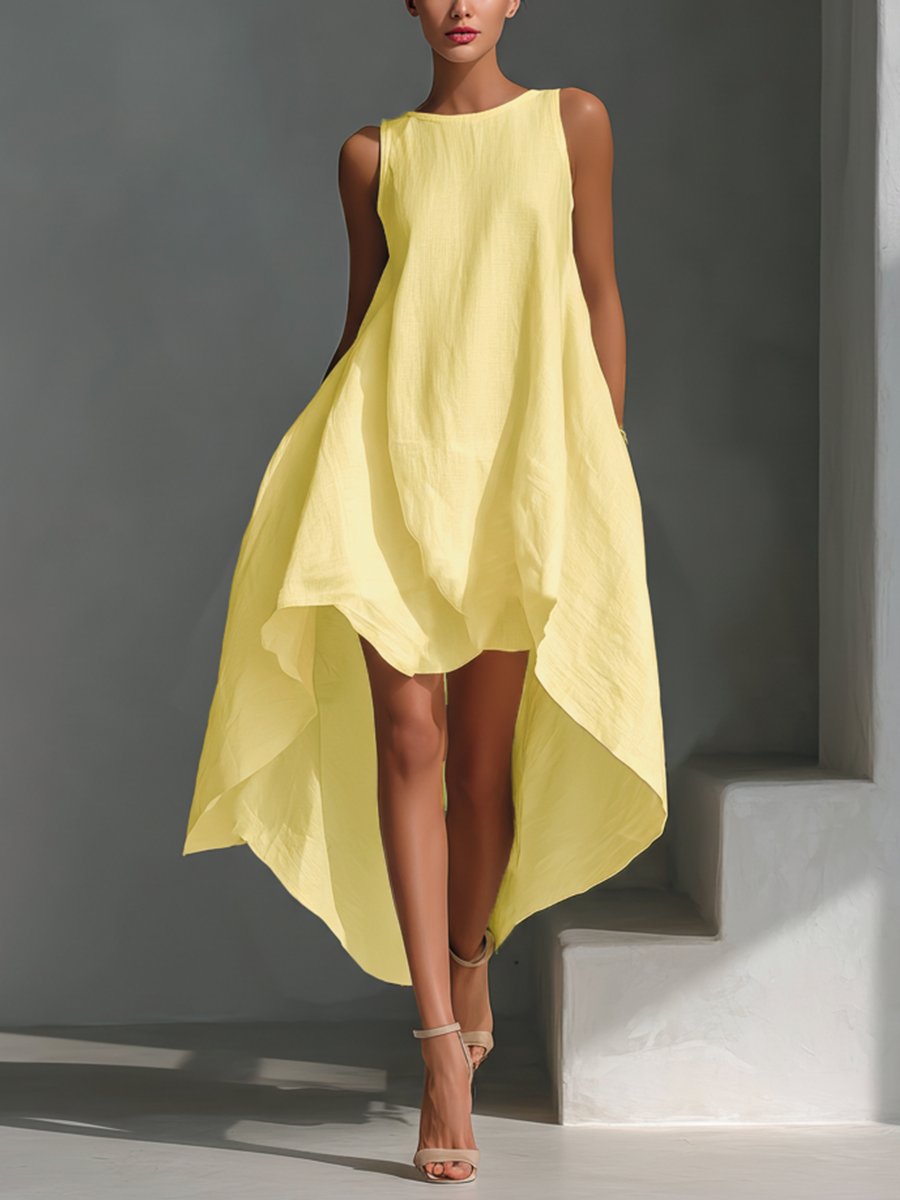 Women's Sleeveless Linen Asymmetric Handkerchief Hem Midi Dress - Warm yellow