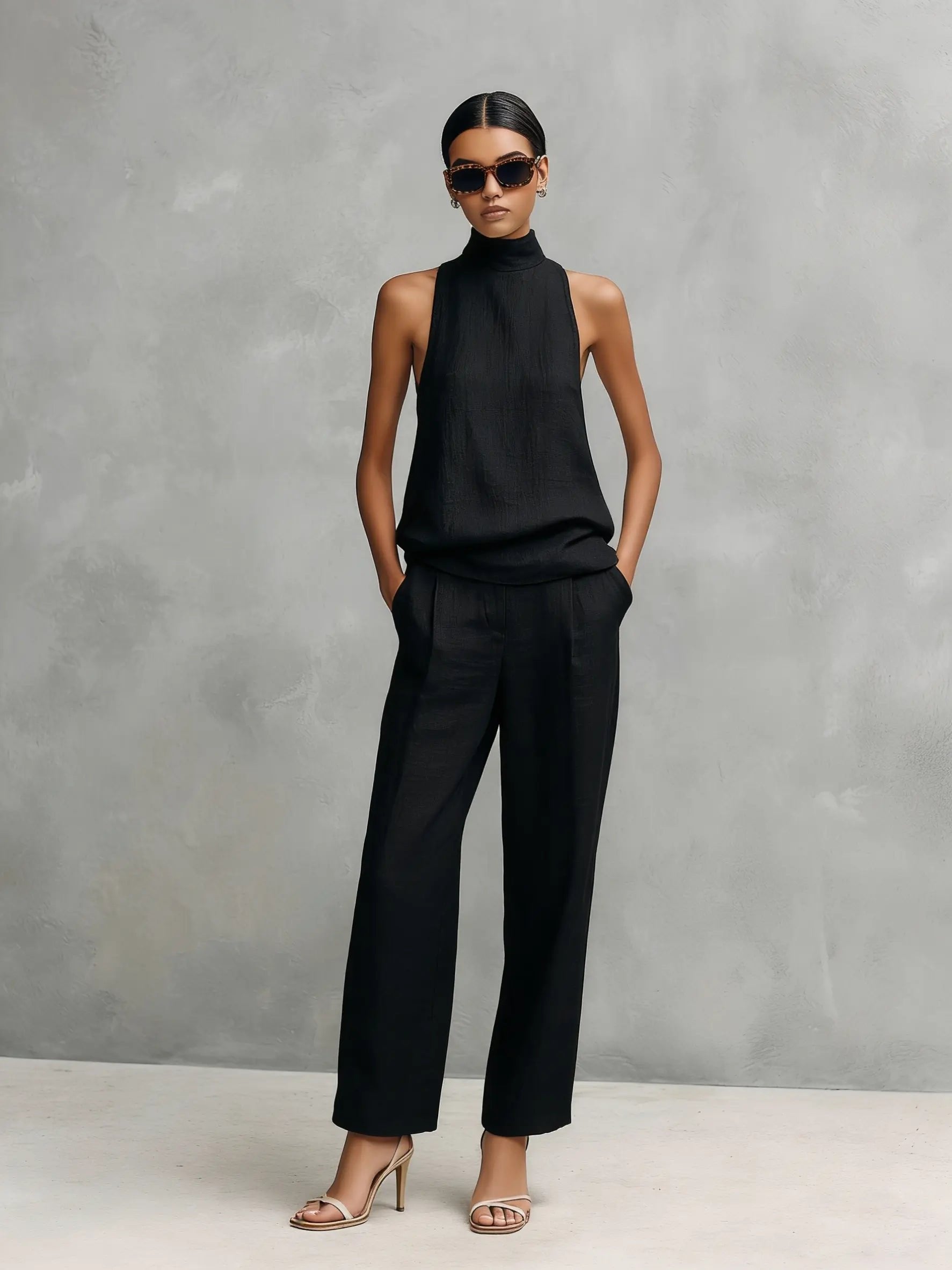 Women's Sleeveless Mock-Neck Cotton-Linen Two-Piece Trouser Set