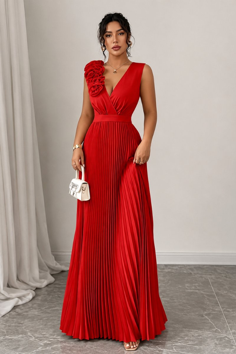 Women's Sleeveless Pleated Floral-Appliqué Maxi Evening Gown - Red