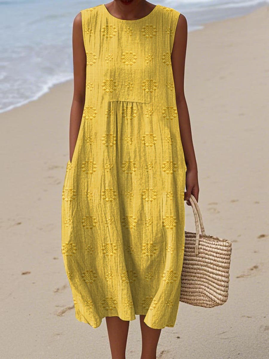 Women's Sleeveless Round-Neck Embroidered Relaxed-Fit Midi Dress - Yellow