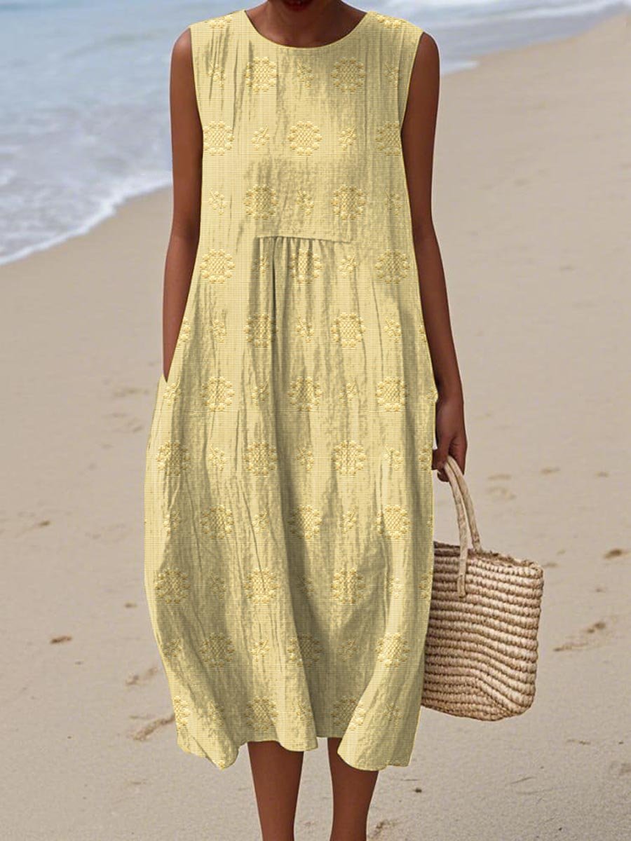 Women's Sleeveless Round-Neck Embroidered Relaxed-Fit Midi Dress - Light Yellow