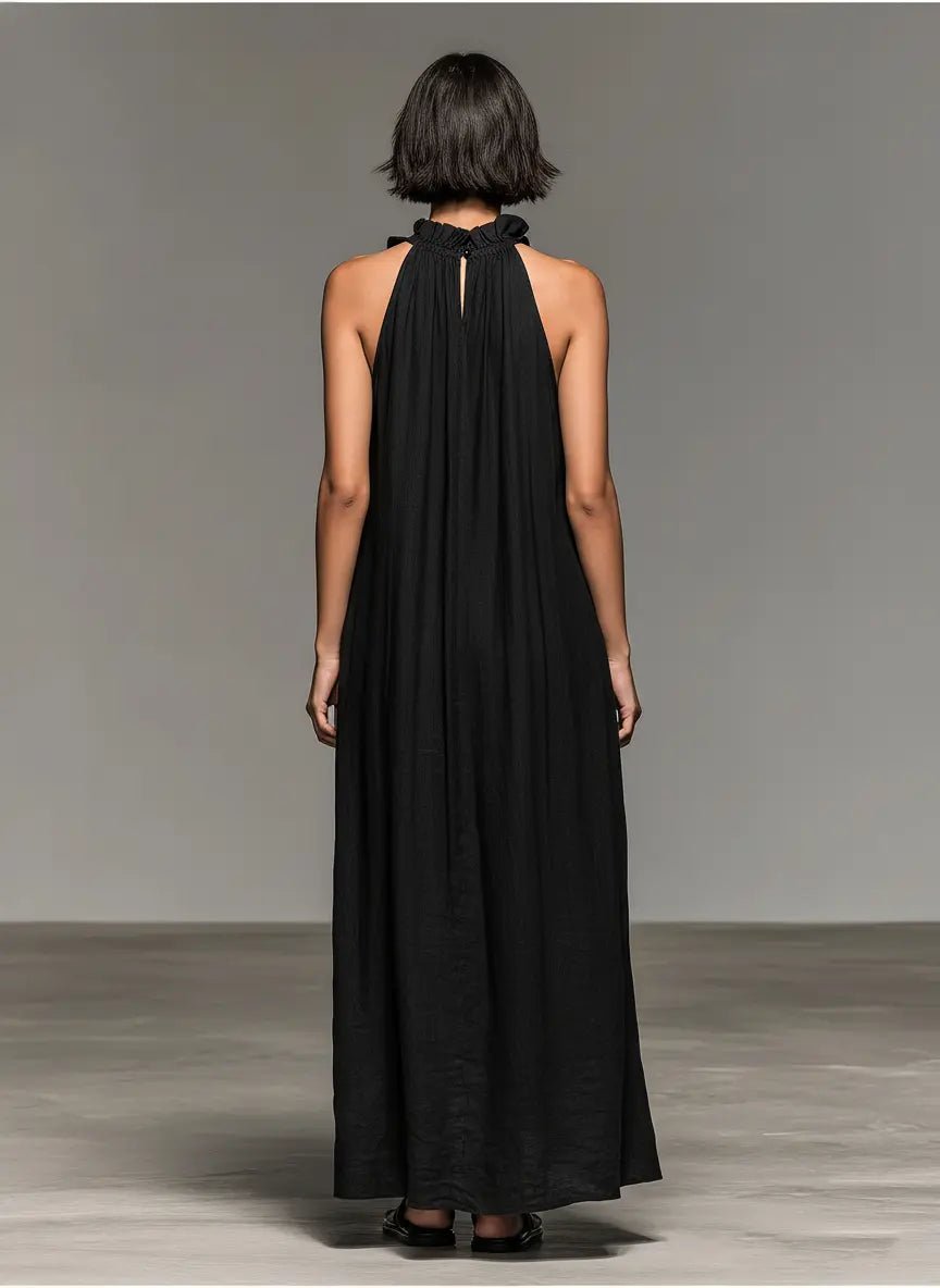 Women's Sleeveless Ruffle-Trim Linen Blend Halter Maxi Dress
