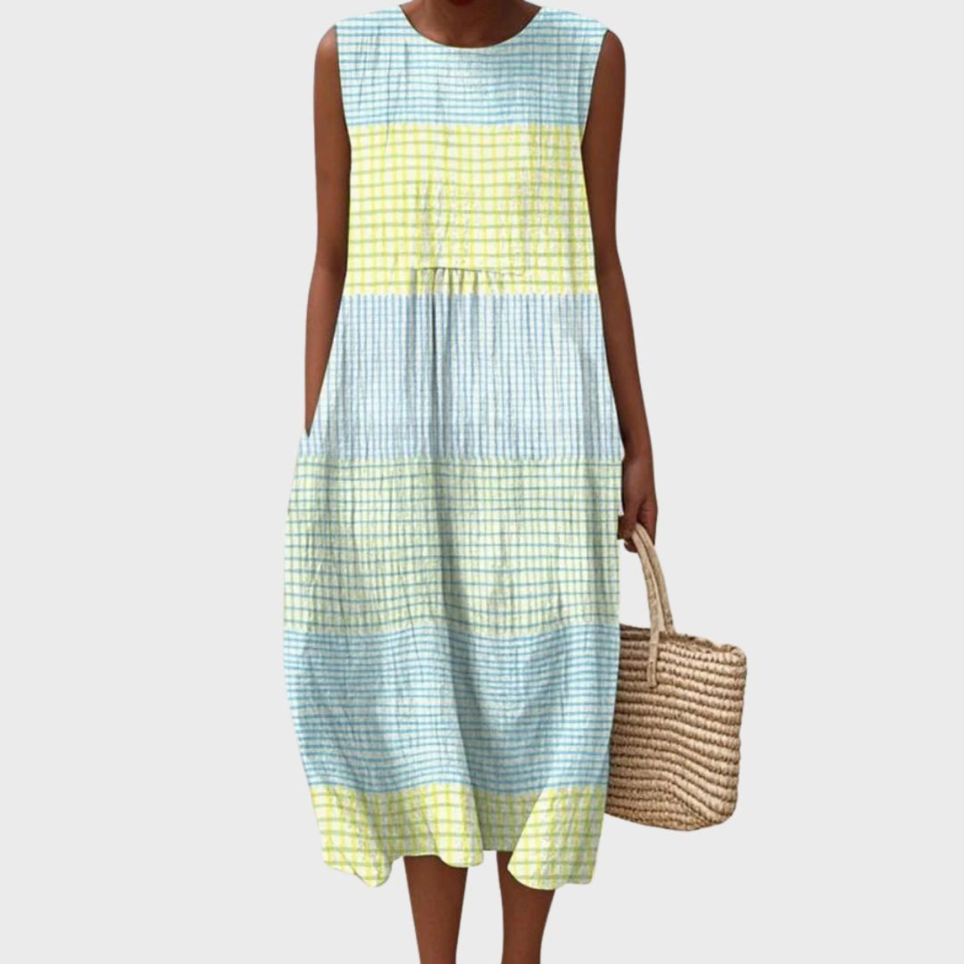 Women's Sleeveless Tiered Linen Plaid Midi Dress - Light Blue