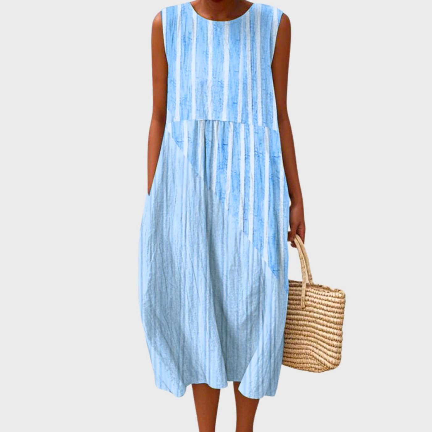 Women's Sleeveless Tiered Linen Plaid Midi Dress - Light Blue 2