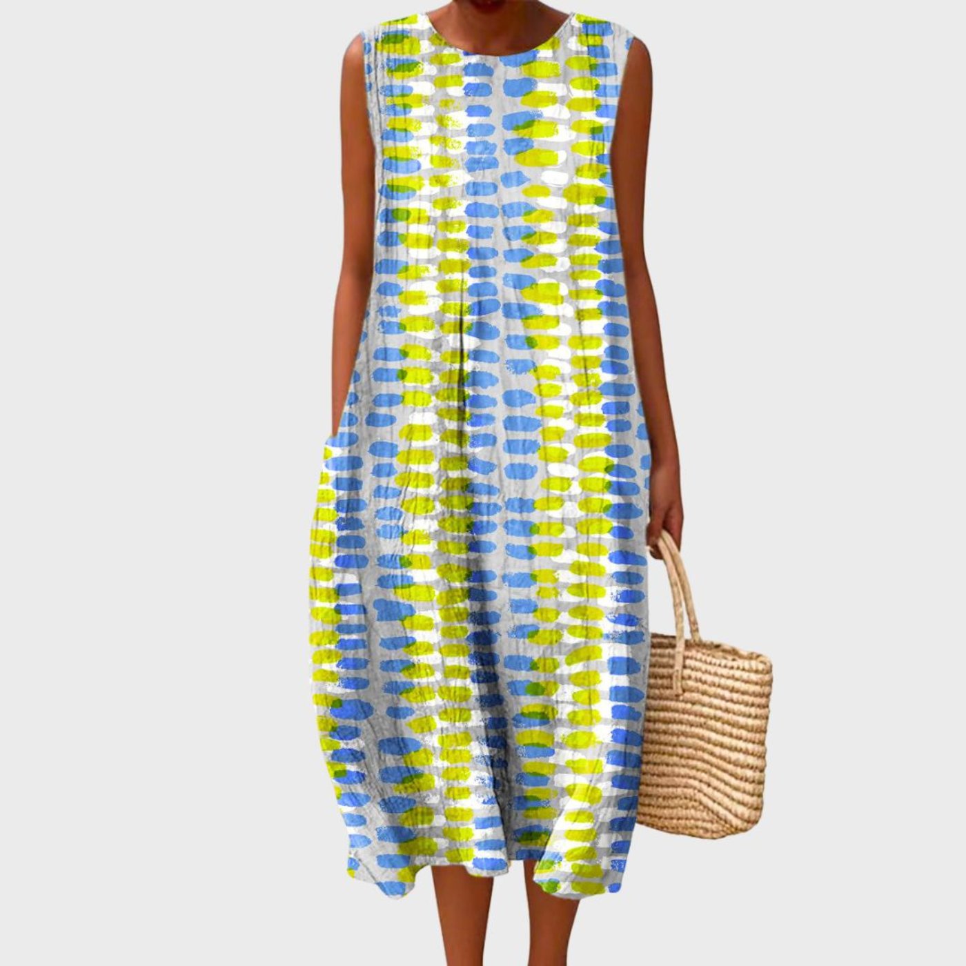 Women's Sleeveless Tiered Linen Plaid Midi Dress - Light Gray