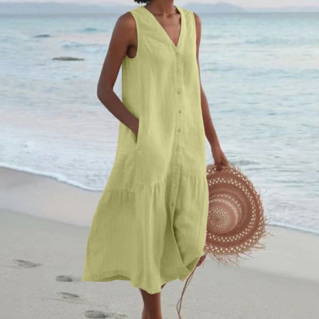 Women's Sleeveless V-Neck Button-Front Relaxed Midi Dress - Green