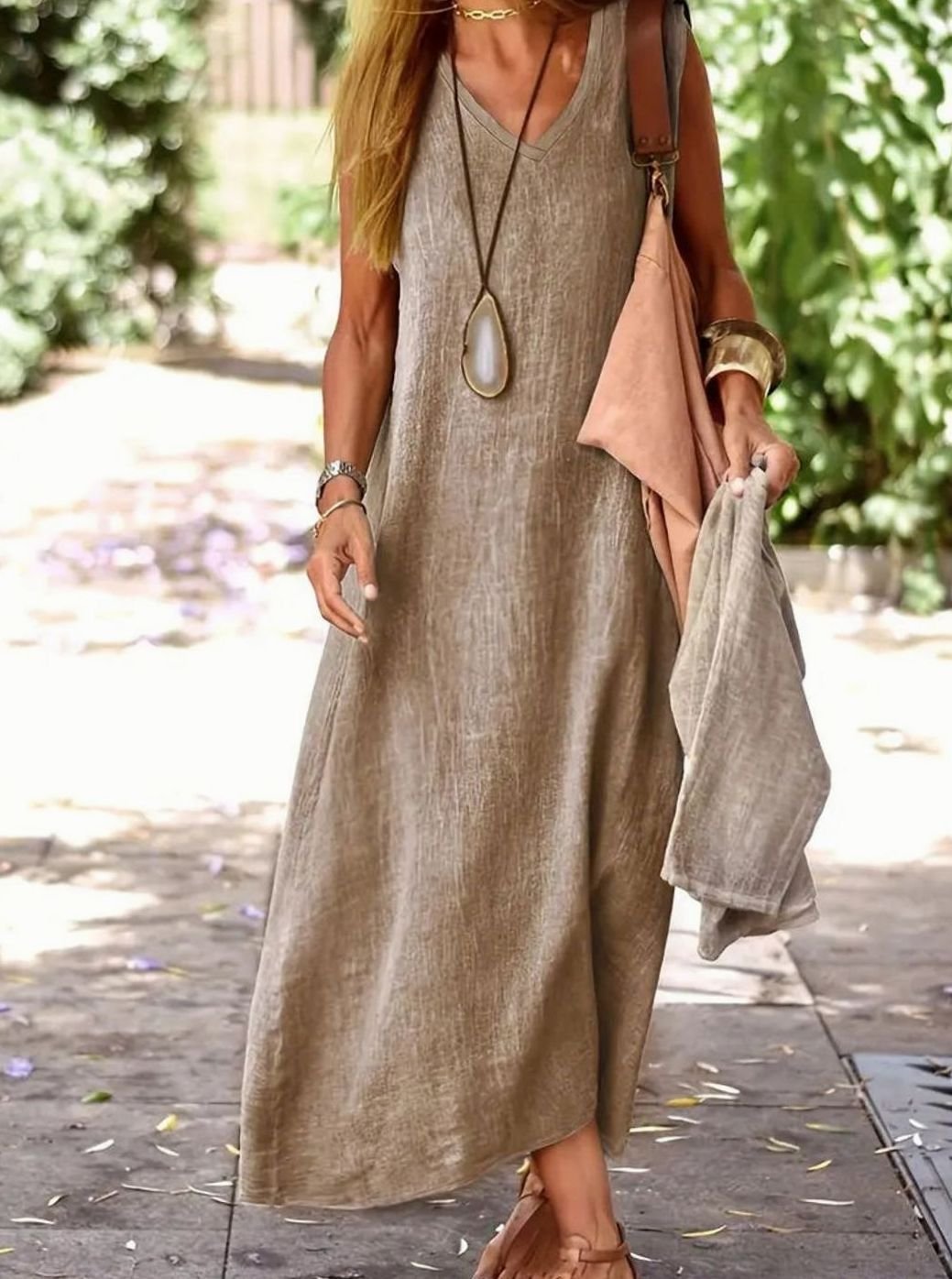 Women's Sleeveless V-Neck Relaxed Maxi Dress - Khaki
