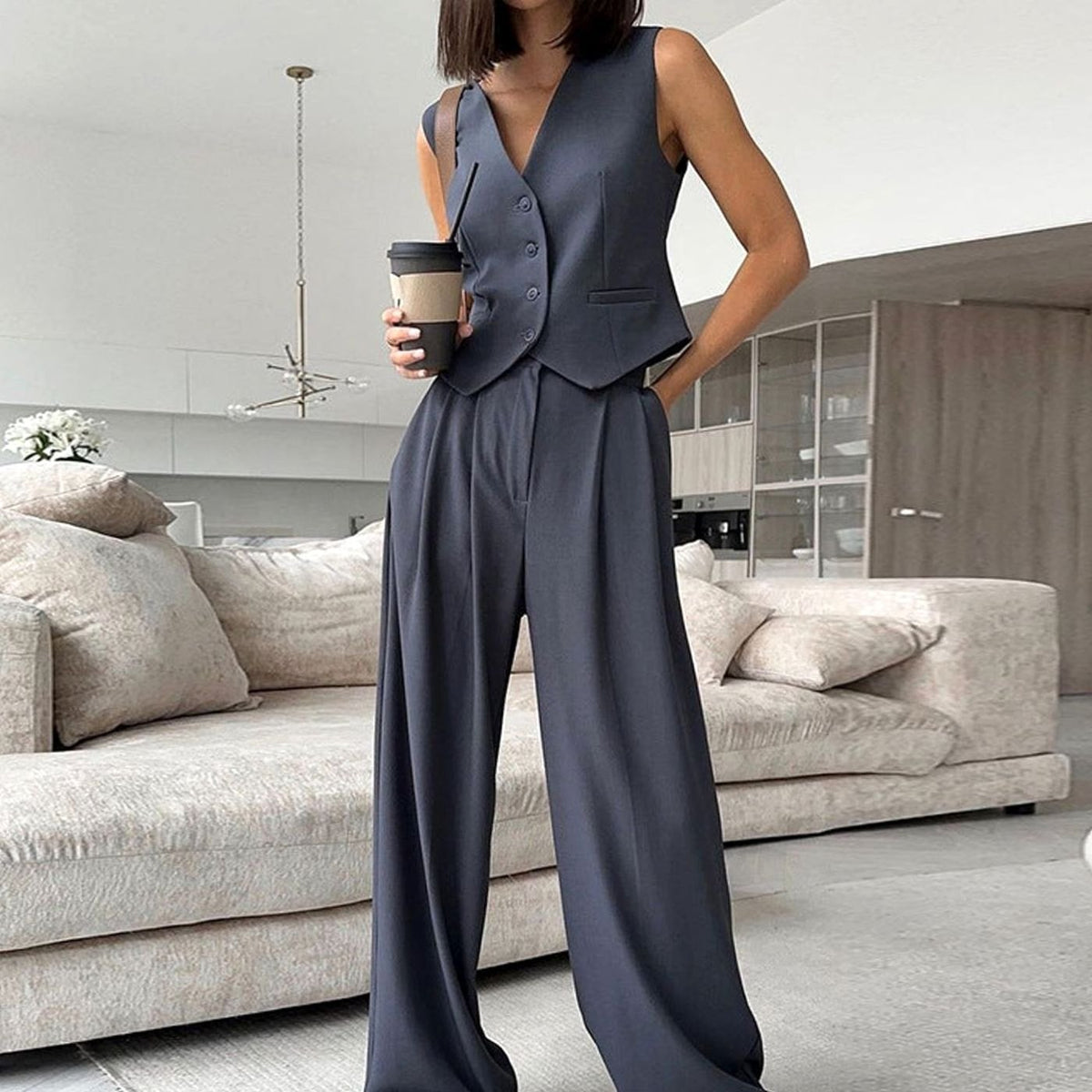 Women's Sleeveless V-Neck Waistcoat Wide-Leg Trouser Two-Piece Set - Slate Grey