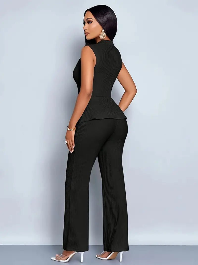 Women's Sleeveless Wrap-Waist Peplum Top Flared Trousers Set