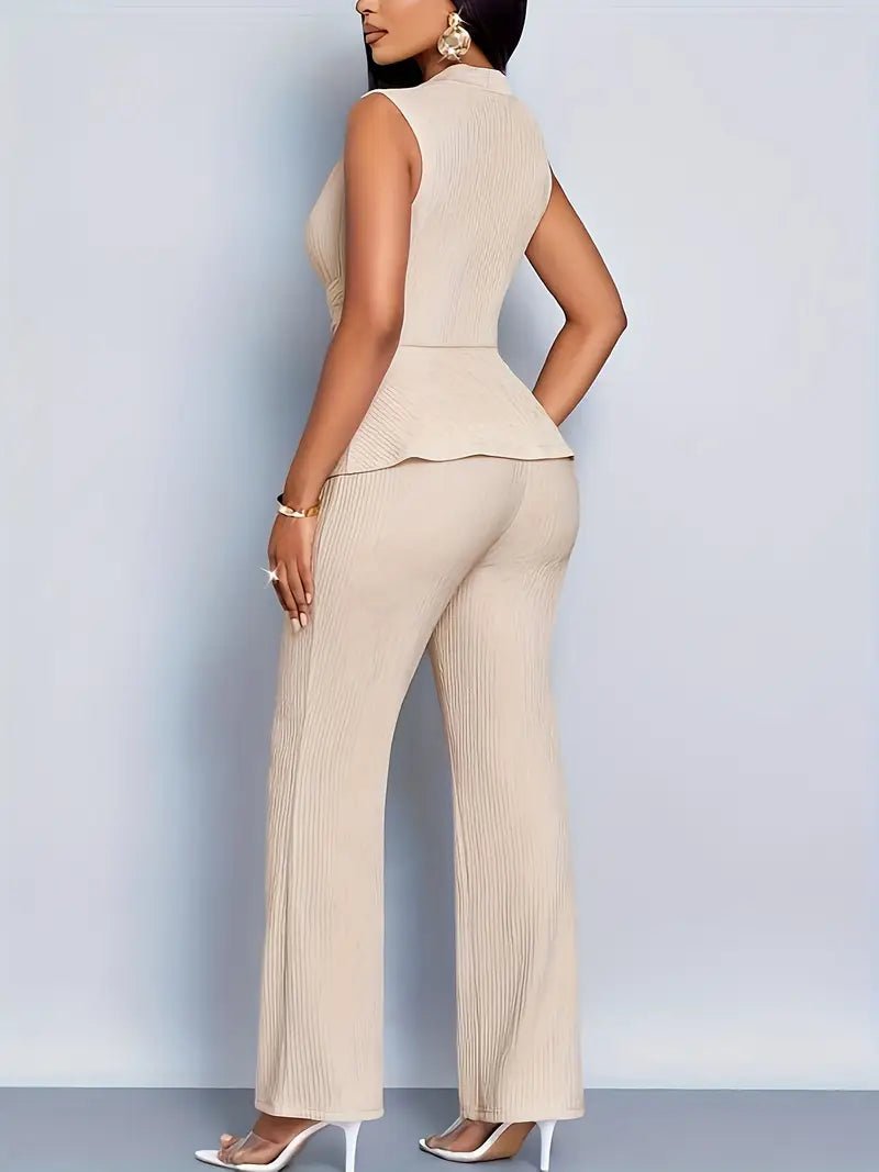 Women's Sleeveless Wrap-Waist Peplum Top Flared Trousers Set