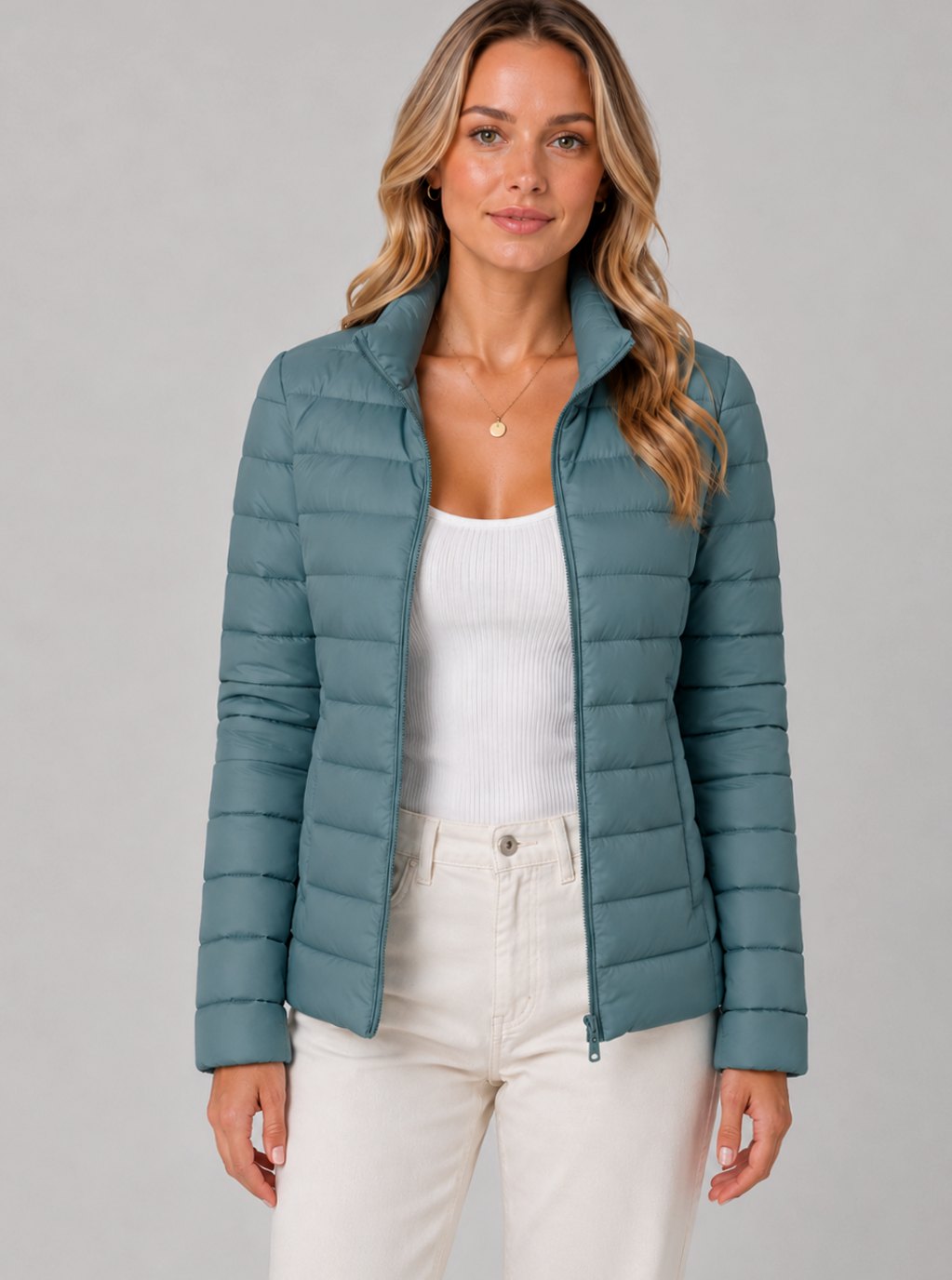 Women's Slim-Fit Lightweight Summer Puffer Jacket Zip-Up Coat - Blue