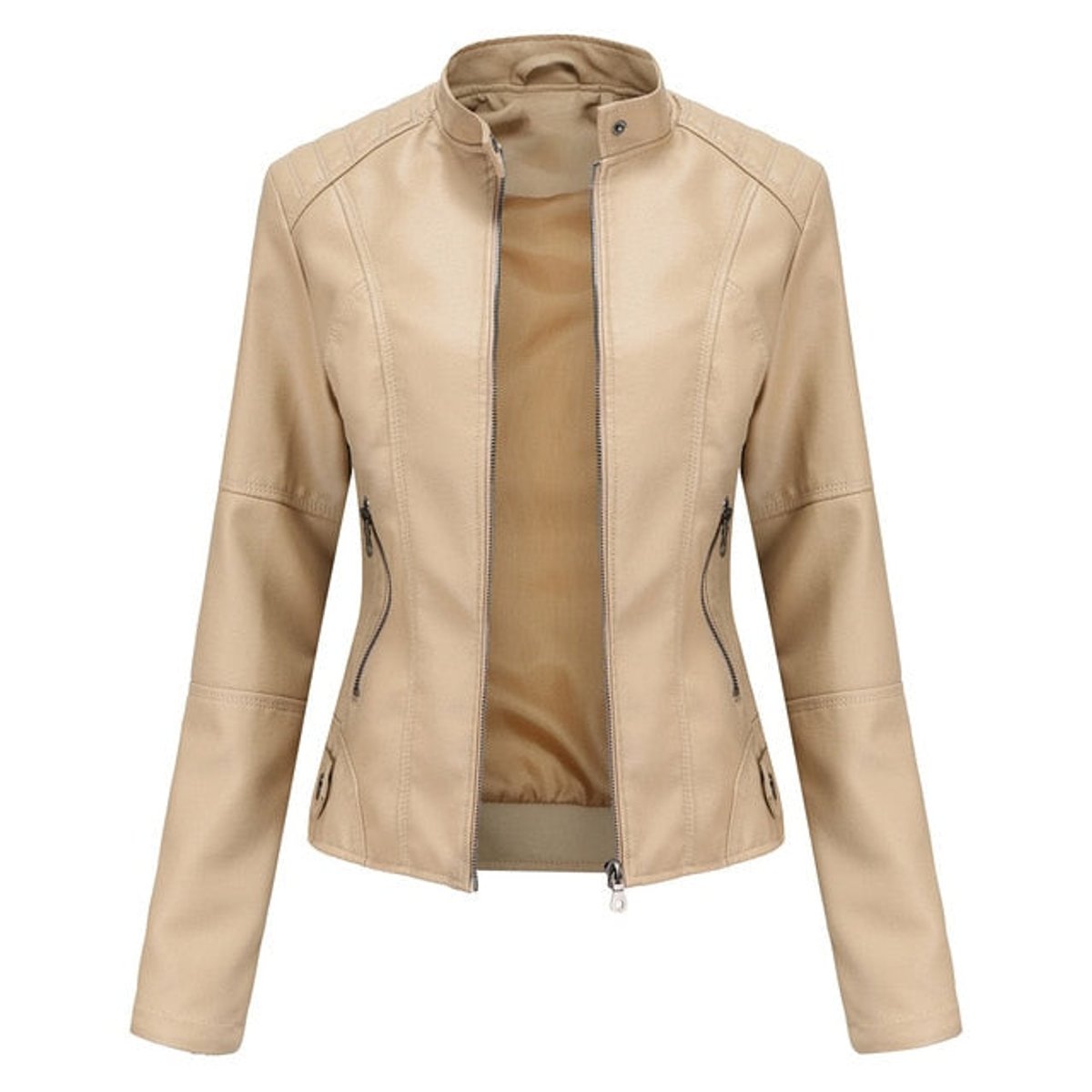Women's Slim-Fit Stand-Collar Zip-Up Faux Leather Jacket - Beige