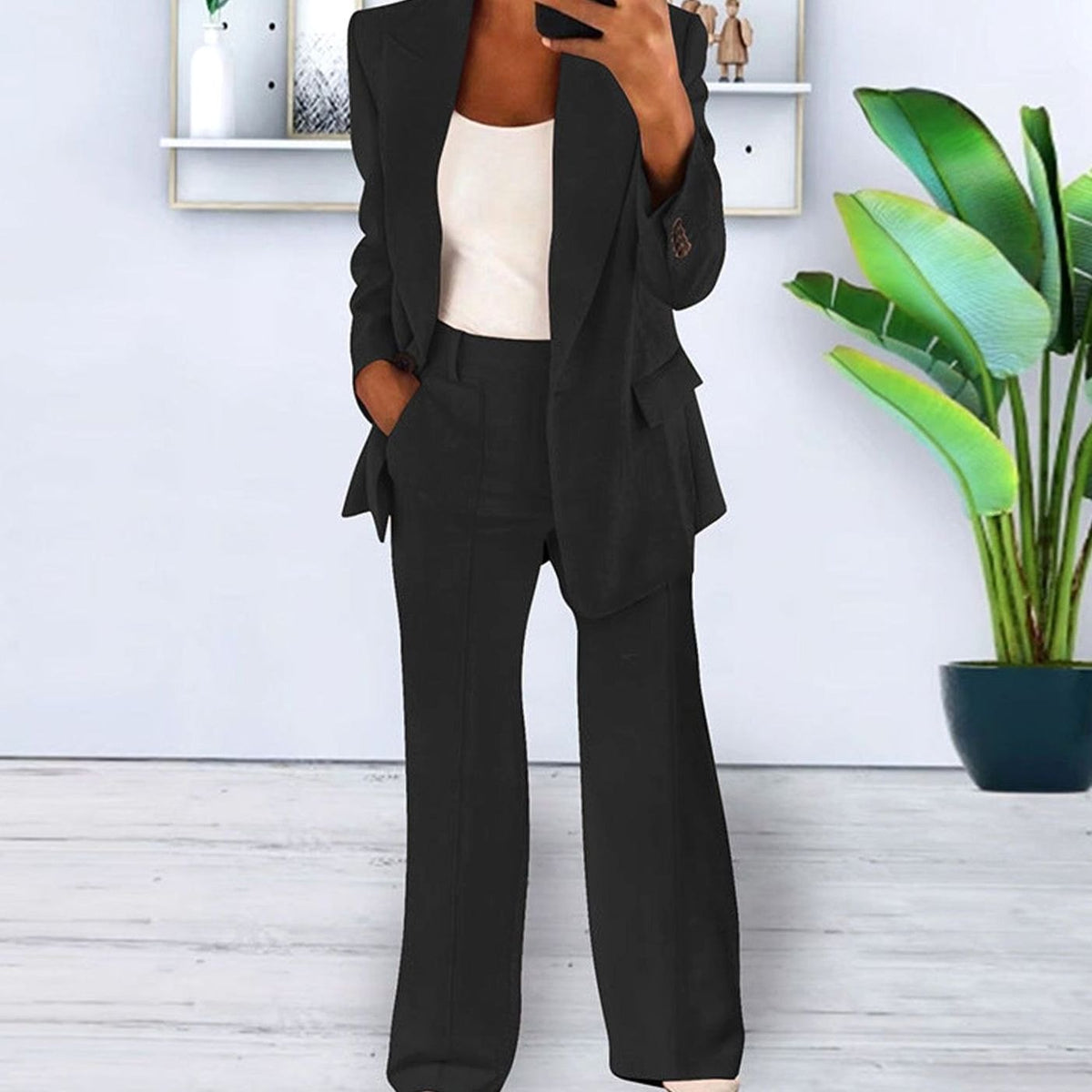 Women's Slim-Fit Two-Piece Blazer Suit Set Wide-Leg Trousers