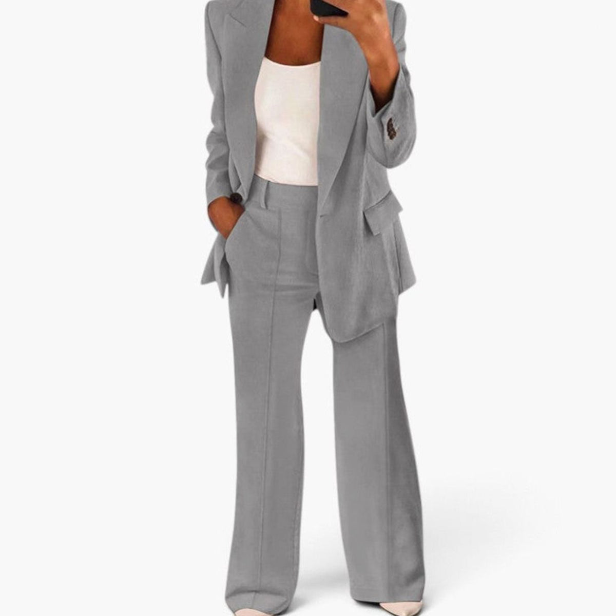 Women's Slim-Fit Two-Piece Blazer Suit Set Wide-Leg Trousers - Grey