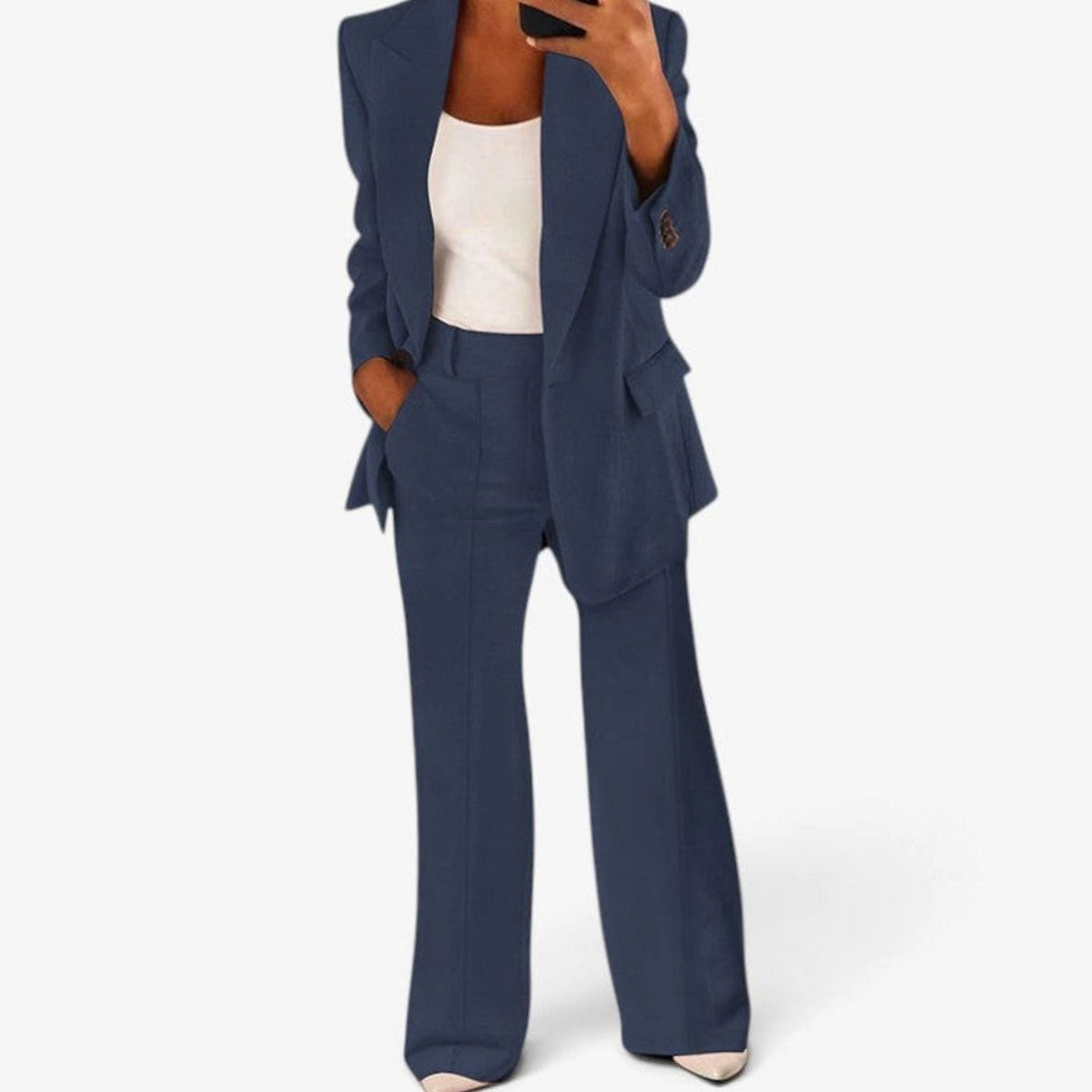 Women's Slim-Fit Two-Piece Blazer Suit Set Wide-Leg Trousers - Navy