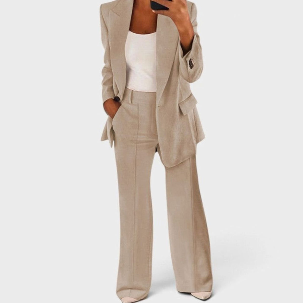 Women's Slim-Fit Two-Piece Blazer Suit Set Wide-Leg Trousers - Beige