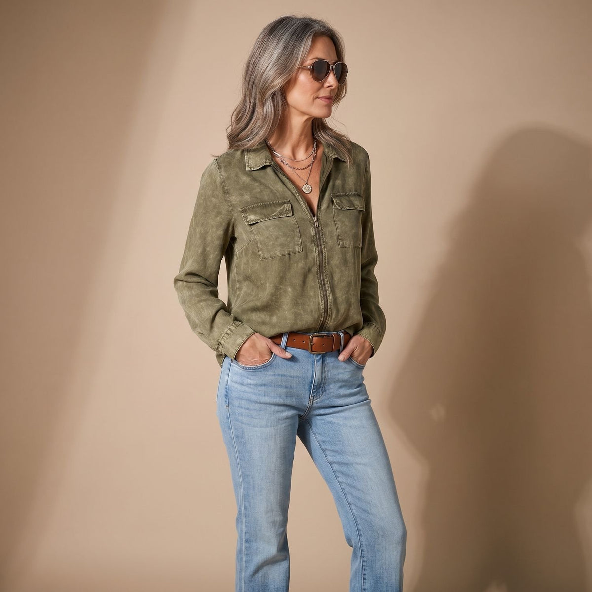 Women's Slim-Fit Western Utility Zip-Up Blouse