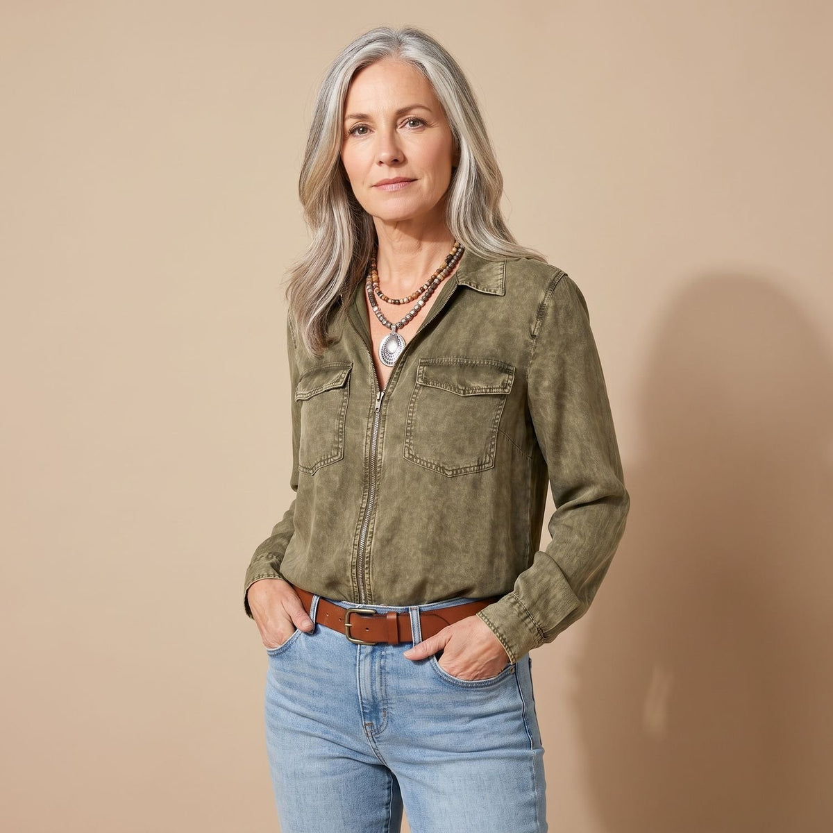 Women's Slim-Fit Western Utility Zip-Up Blouse