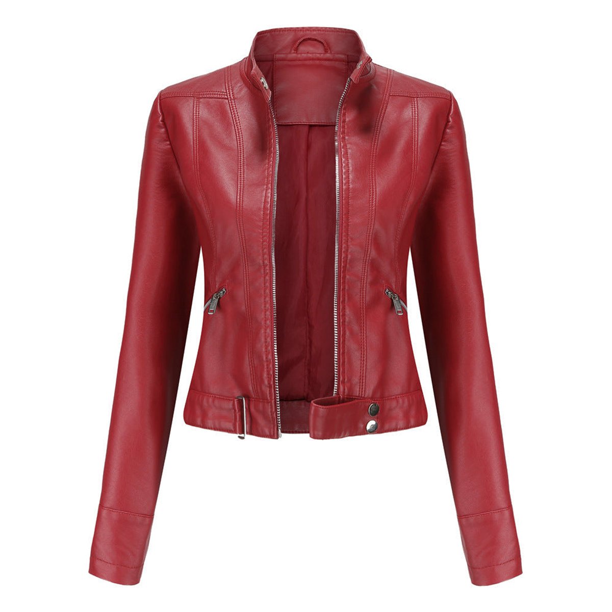 Women's Slim-Fit Zip-Up Biker Faux Leather Jacket - Red