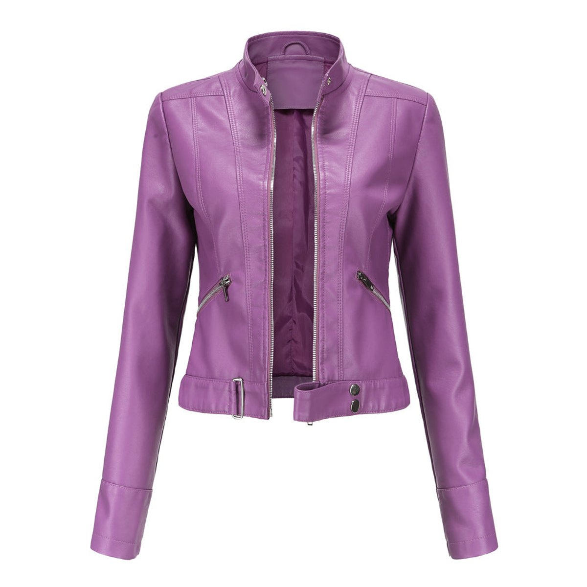 Women's Slim-Fit Zip-Up Biker Faux Leather Jacket - Dark Violet