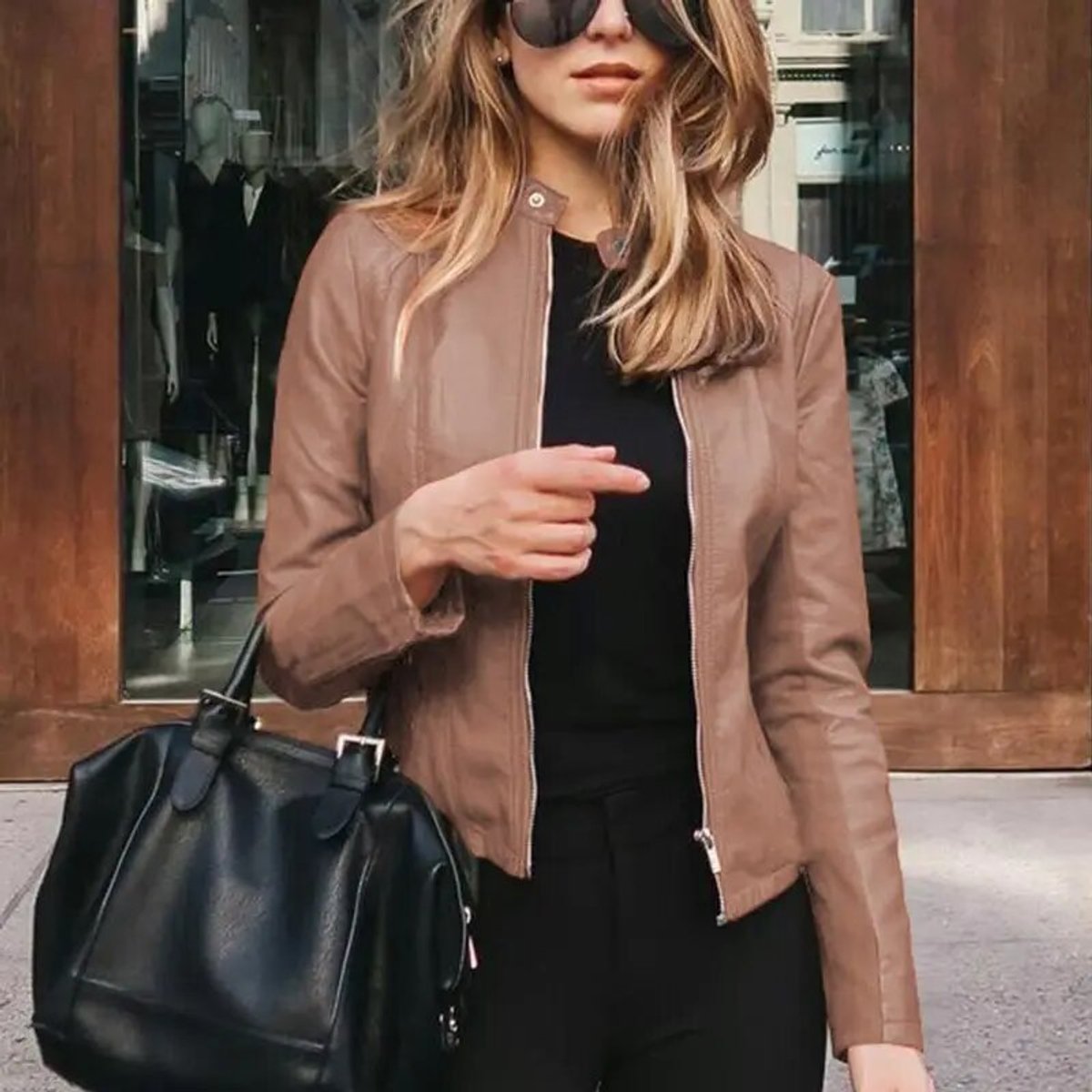 Women's Slim-Fit Zip-Up Faux Leather Biker Jacket - Khaki