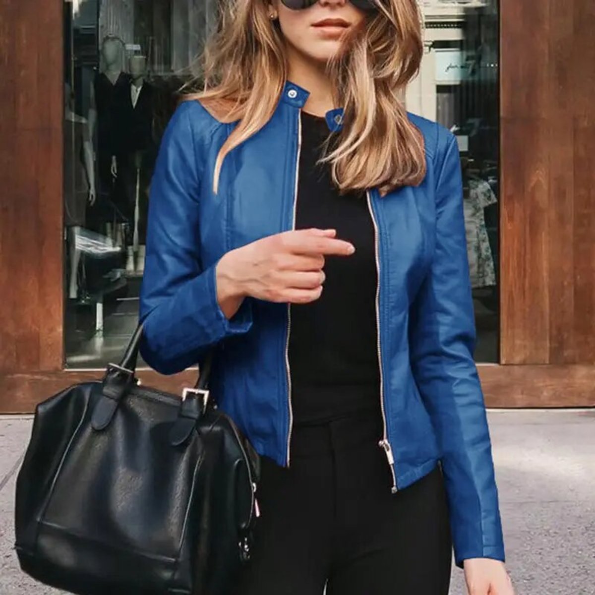 Women's Slim-Fit Zip-Up Faux Leather Biker Jacket - Blue