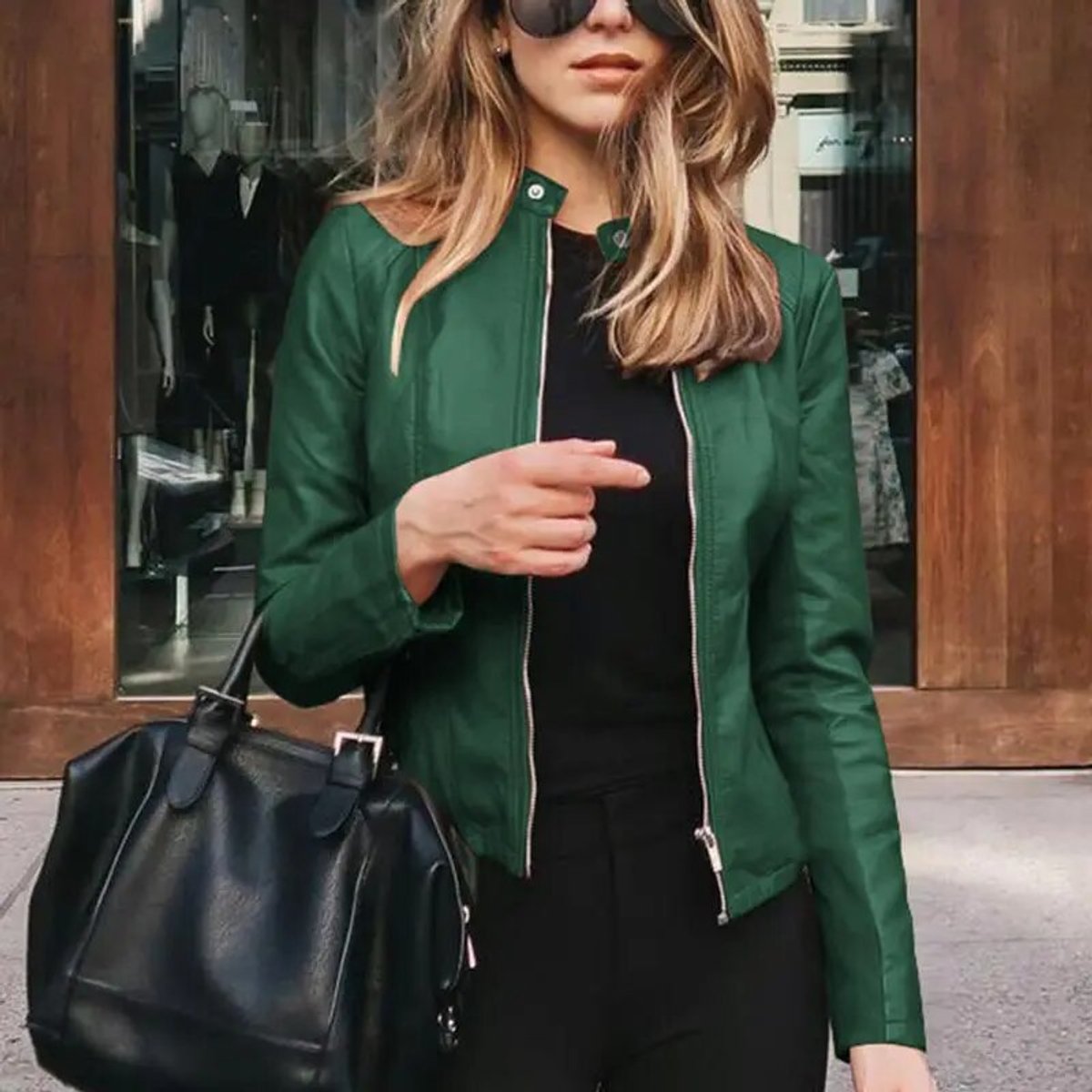 Women's Slim-Fit Zip-Up Faux Leather Biker Jacket - Green