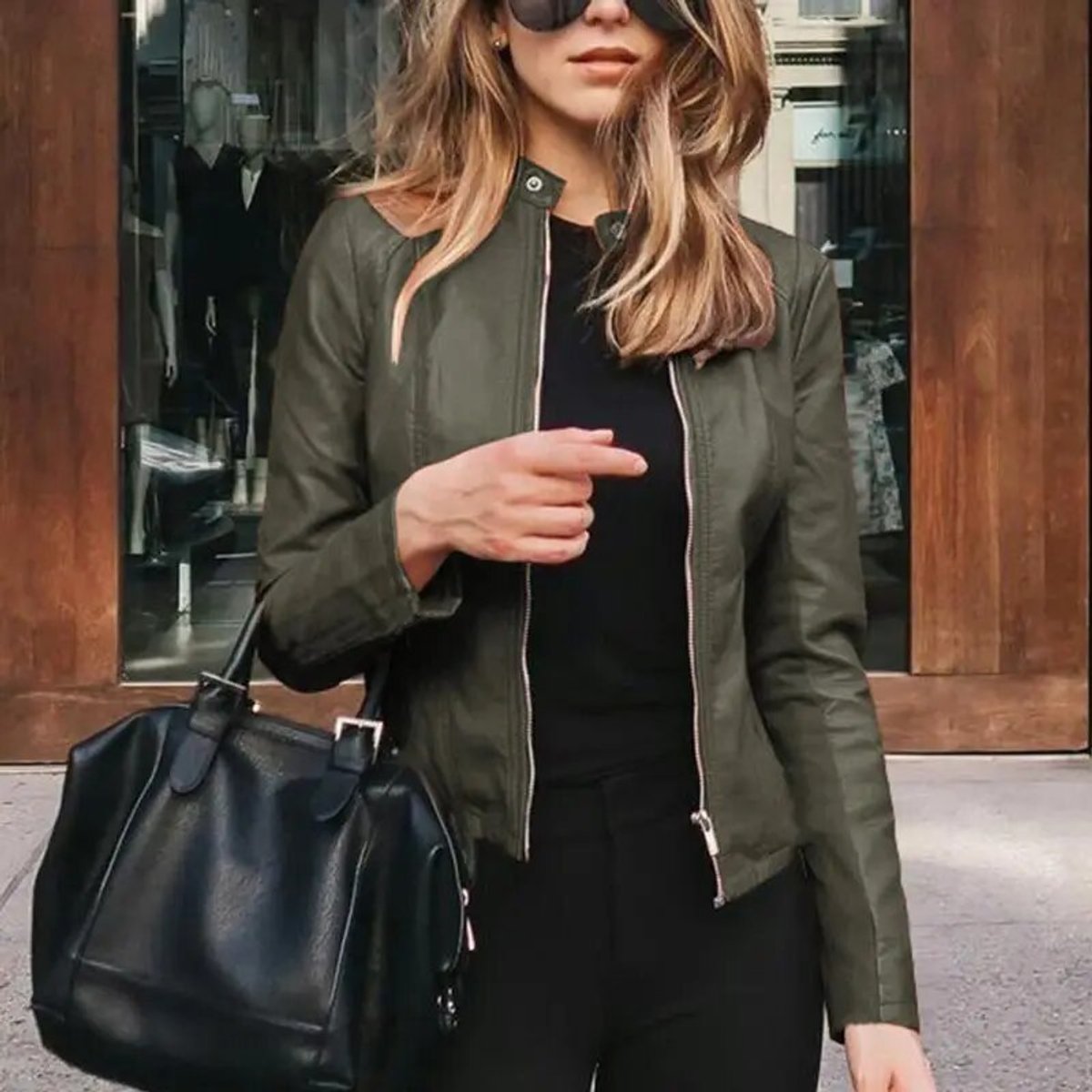 Women's Slim-Fit Zip-Up Faux Leather Biker Jacket - Green leather