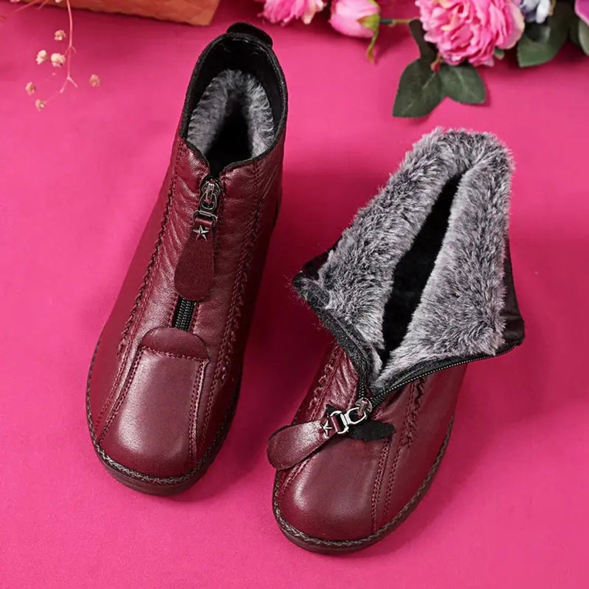Women's Slip-Resistant Fleece-Lined Leather Ankle Boots