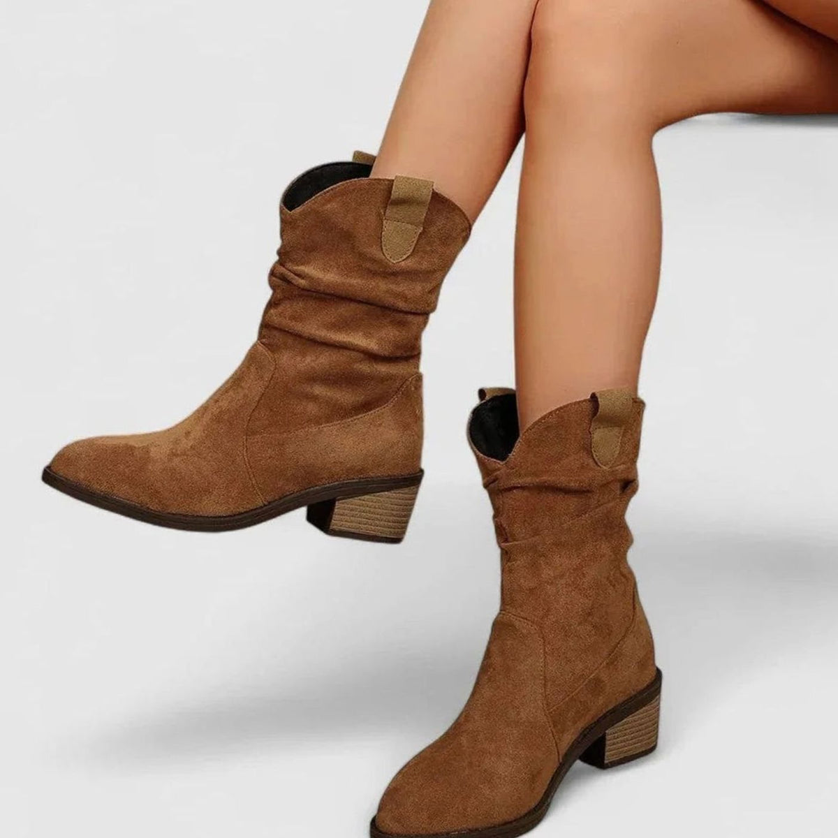 Women's Slip-Resistant Suede Mid-Calf Western Cowboy Boots - Brown