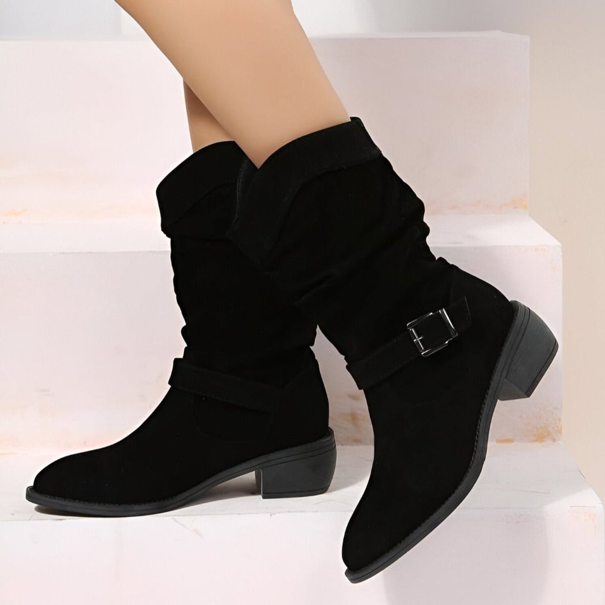 Women's Slouch Faux Suede Mid-Calf Knee High Boots Block Heel - Black