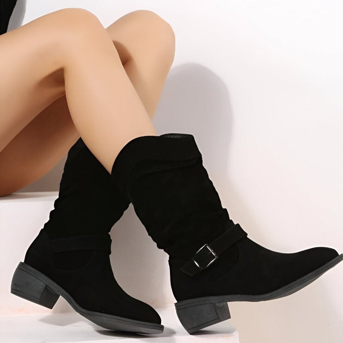 Women's Slouch Faux Suede Mid-Calf Knee High Boots Block Heel