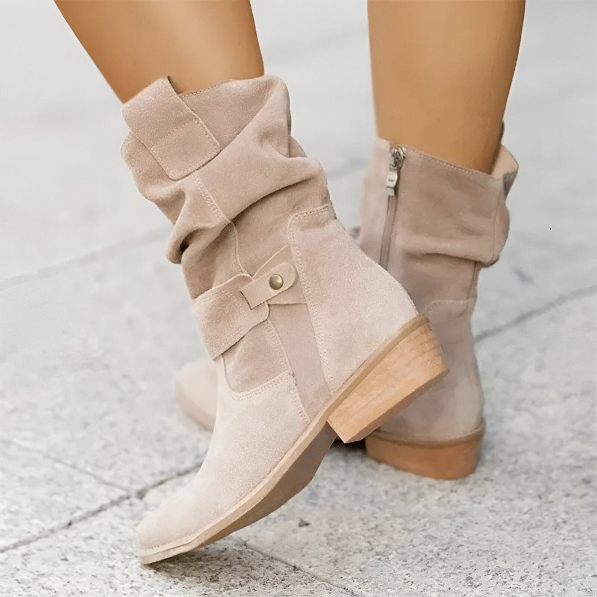 Women's Slouch Faux Suede Mid-Calf Knee High Boots Block Heel - Beige