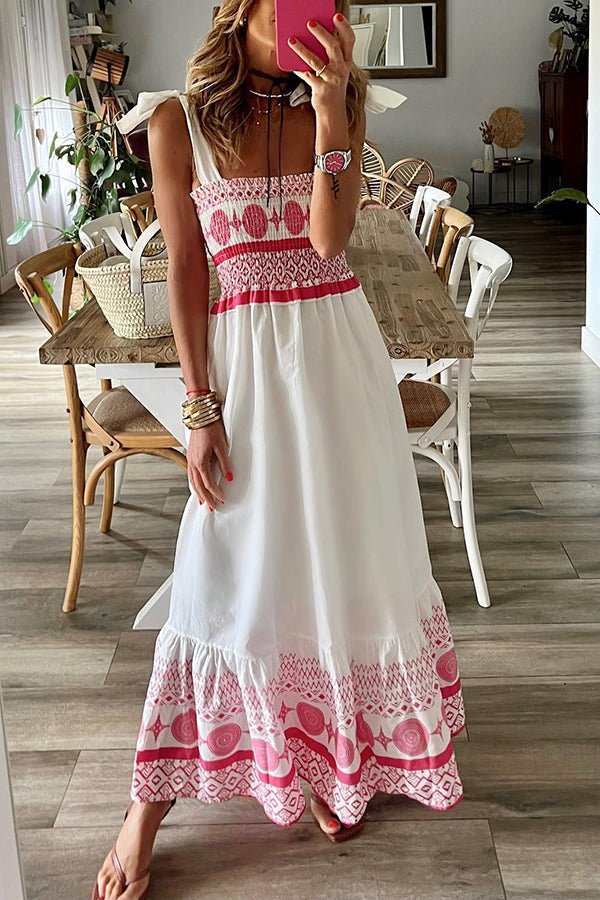 Women's Smocked Bodice Square-Neck Printed Maxi Dress