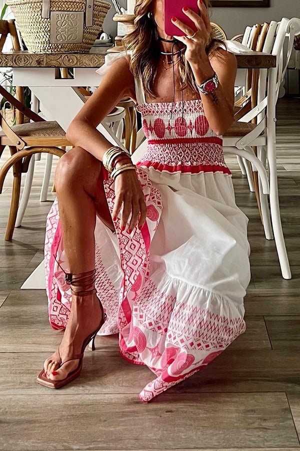 Women's Smocked Bodice Square-Neck Printed Maxi Dress