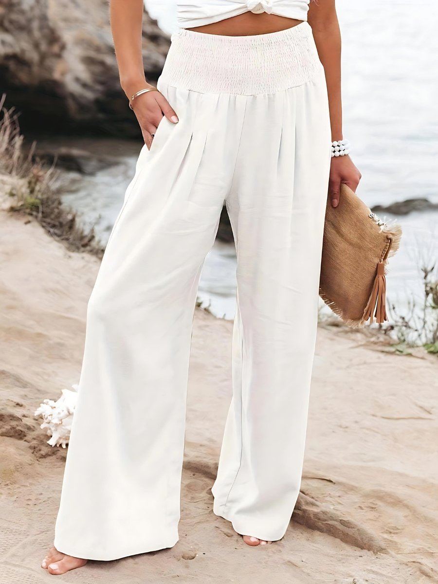 Women's Smocked High-Waist Relaxed Wide-Leg Linen Trousers - White